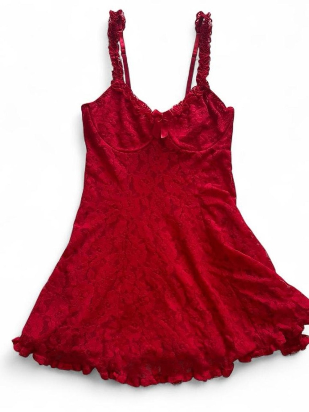 Elegant Red Lace Slip Chemise with Ruffled Straps